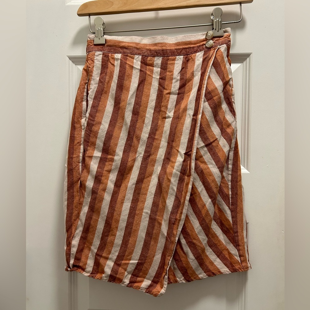 Madewell Pull-On Wrap Skirt Striped Linen Blend Pockets XS Orange Cream Rust EC!